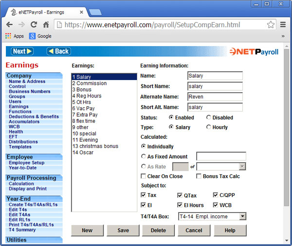 eNETEPayroll Earnings Screen